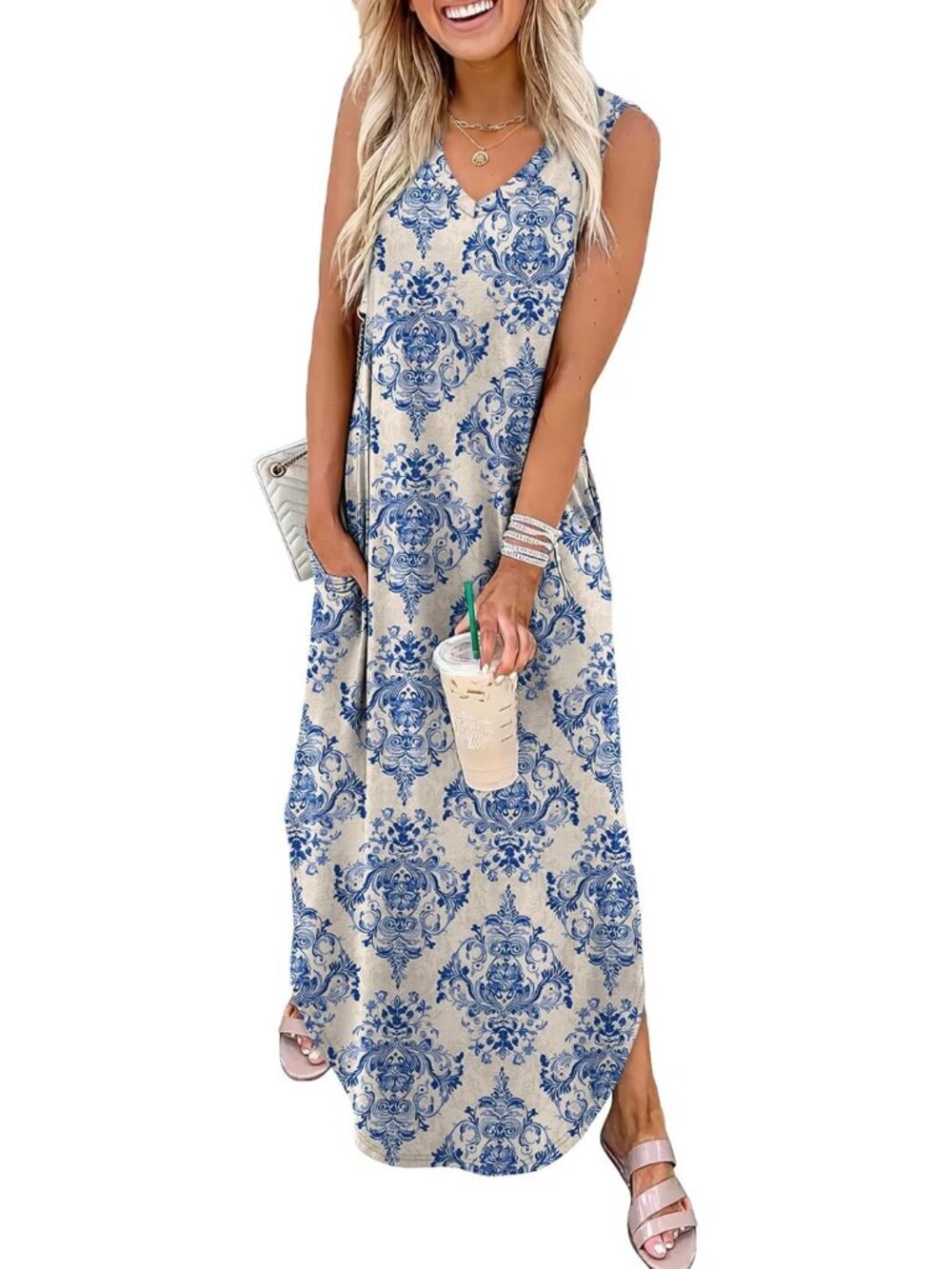 Women's Floral Blue Boho Sleeveless Ankle Length Pull On Imported Maxi Dresses